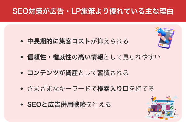 SEO対策が広告・LP施策より優れている主な理由