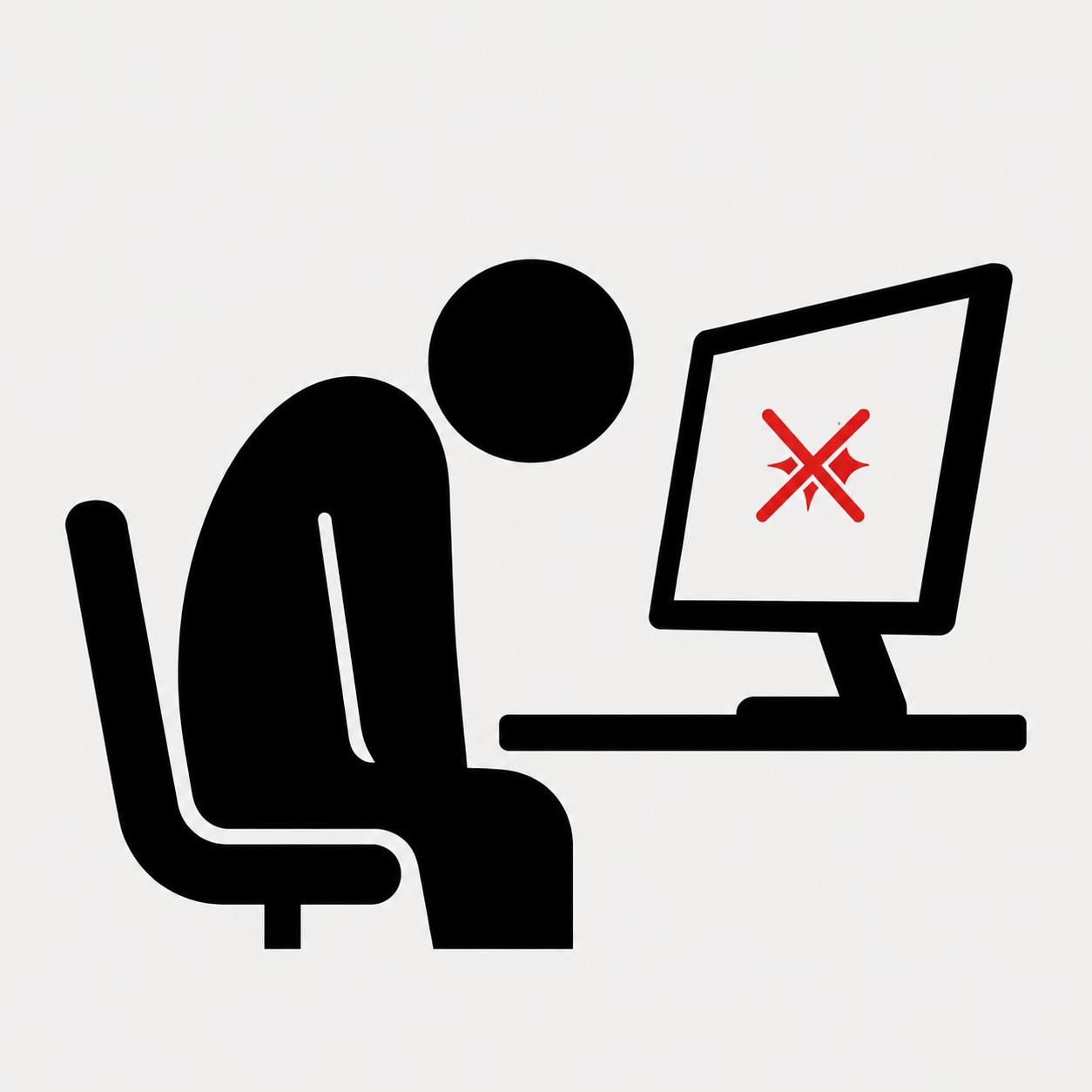 AI検索に自社が表示されず落胆する人物のピクトグラム